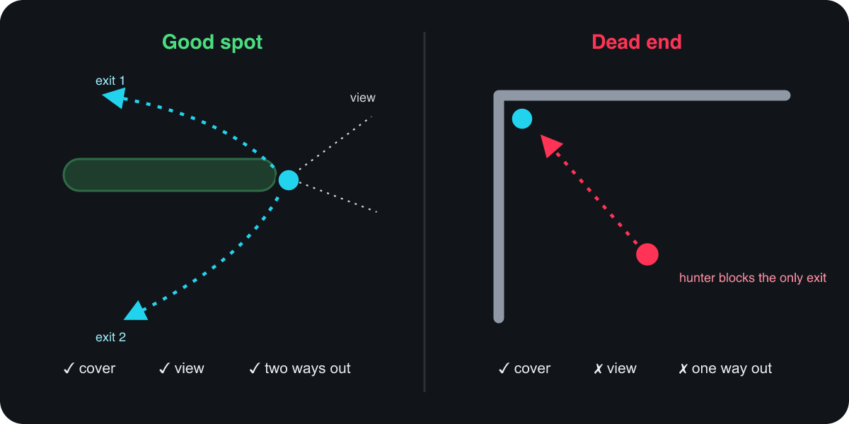 Two hiding spots compared. Left, a good spot: a runner crouches at the end of a hedge line with a clear view across the field and two escape routes leading away in different directions; ticks for cover, view and two ways out. Right, a dead end: a runner is squeezed into the corner between two walls, and a hunter approaching blocks the only exit; a tick for cover but crosses for view and for one way out.